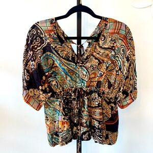 J. Jill Women's Floral Paisley V neck Waist Tie Blouse Black Teal Tan Size XSP